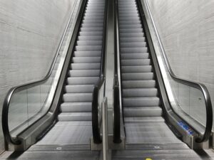 Two escalators, seen from the bottom